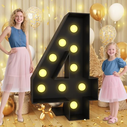 Black 4FT Light Up Number 4 Marquee for Birthday Party Decorations - Foam Cardboard Giant Cut-Out