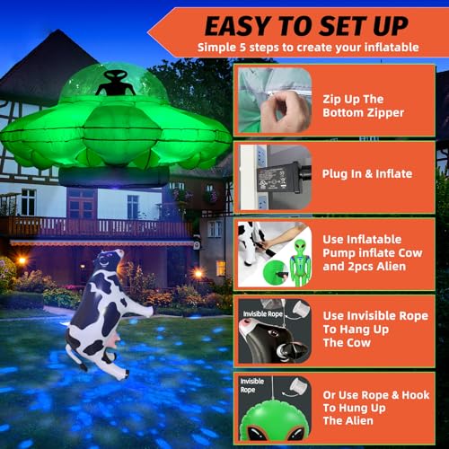 Alien Party Decorations 4.2FT Hanging UFO Cow Abduction Inflatable with 2 Jumbo Aliens & Cow - Halloween Yard Decor with LED Lights