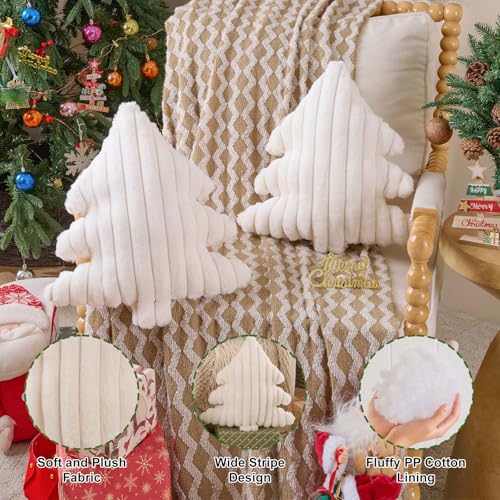 Christmas Tree Pillows Set of 2 - Beige Wide Stripes Xmas Decor 16x18 Inch