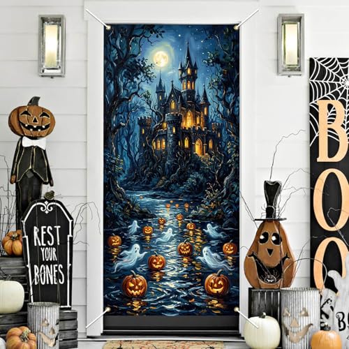 Halloween Door Cover Decorations - Spooky Pumpkin & Ghost Banner 35.5x72 Inch