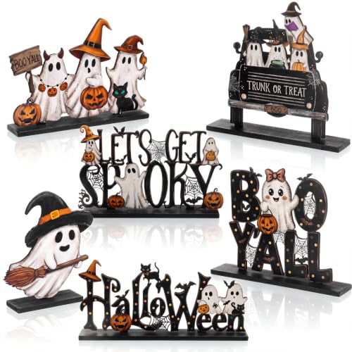 Halloween Wooden Table Decorations - 6 Pcs Spooky Centerpieces Black Variation