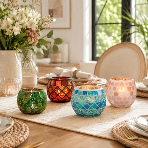 Multicolor Candle Holder Tea Light Votive Decor - 4 Pack Small Campfire Style with Mosaic Design