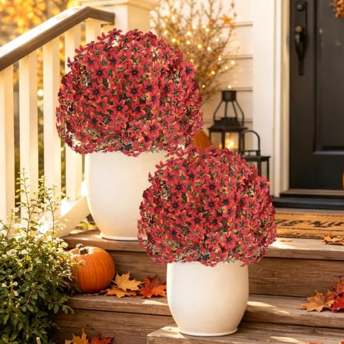 Artificial Fall Mum Topiary Ball Tree with Ground Spike - Dark Red, 14-Inch