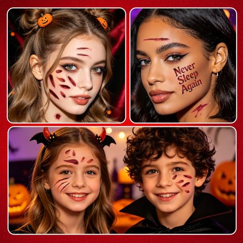 Halloween Fake Blood & Face Scars Makeup Kit with Temporary Tattoos for Adults