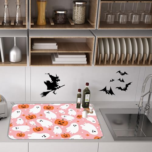 Halloween Dish Drying Mat Pink Pumpkin Ghost Absorbent Kitchen Protector 18x24 Inch