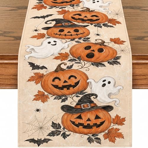Halloween Pumpkin Ghost Fall Table Runner 13x72 Inch for Autumn Dining Decor - Variation of Pumpkin