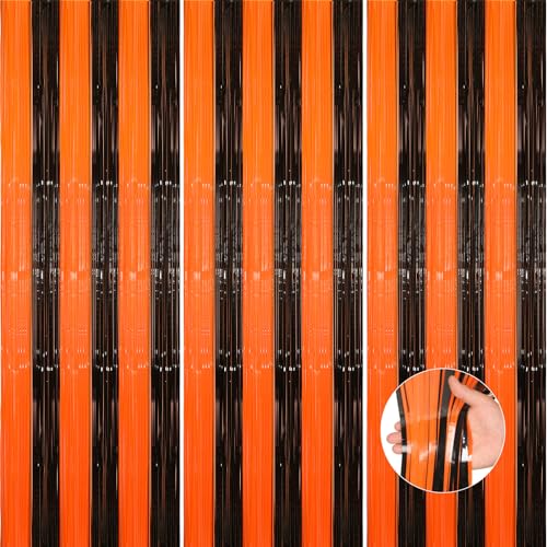 Black and Orange Party Streamers 3 Pack - Foil Fringe Curtains for Halloween & Holiday Decorations