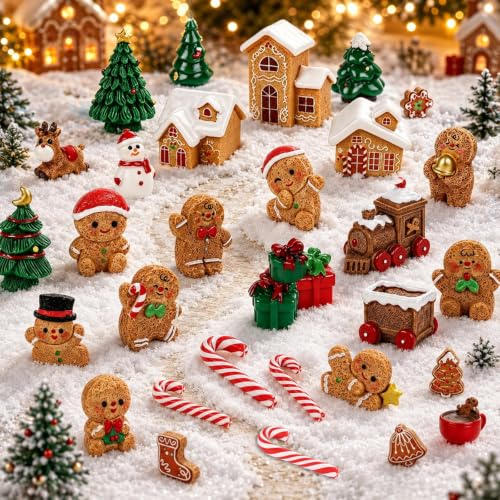 Christmas Gingerbread Mini Figurines Set - 36 Tiny Resin Decorations - Gingerbread House, Trees, Reindeer & More - Variation: Christmas Gingerbread