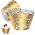 50 Pcs Pearl Lace Laser Cut Wedding Cupcake Wrappers Bright Gold - Elegant Baking Decor