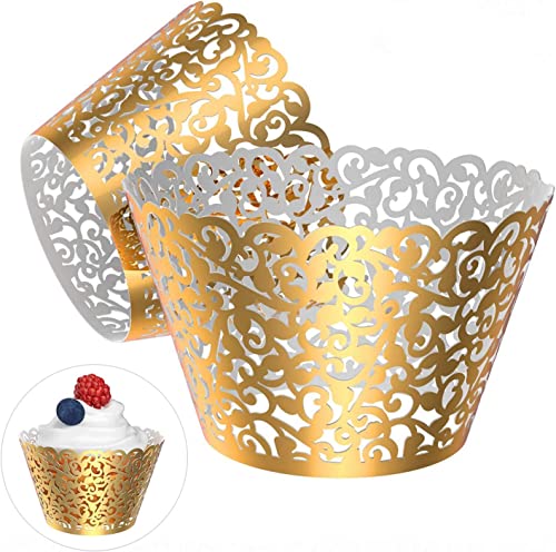 50 Pcs Pearl Lace Laser Cut Wedding Cupcake Wrappers Bright Gold - Elegant Baking Decor