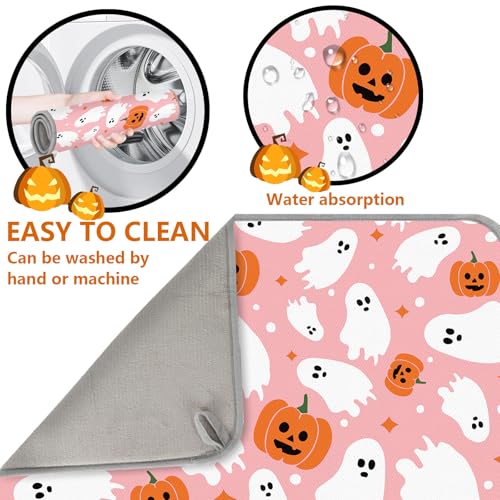 Halloween Dish Drying Mat Pink Pumpkin Ghost Absorbent Kitchen Protector 18x24 Inch