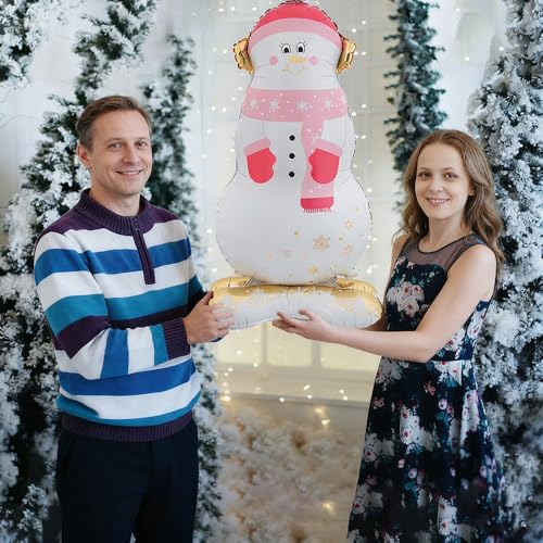 Pink Snowman Balloons Christmas Party Decorations - Self Standing Winter Balloon Set of 2