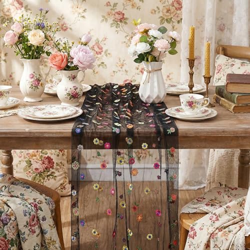 Black Embroidered Floral Daisy Tulle Table Runner 10Ft - Variation of THIS listing