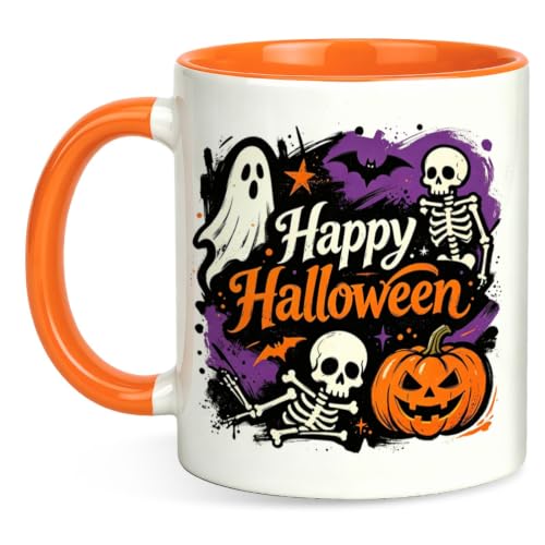 Halloween Coffee Mug - Happy Halloween Ghost Skeleton Pumpkin Bat Ceramic Cup - Spooky Cute 11oz