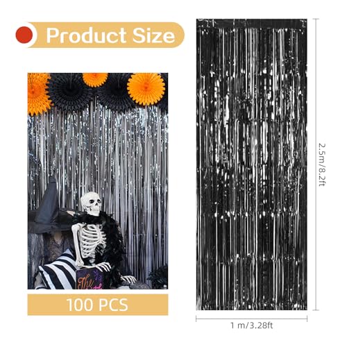 Black Foil Fringe Curtain Backdrop 100 Pack for Party Decorations 3.2ft x 8.2ft