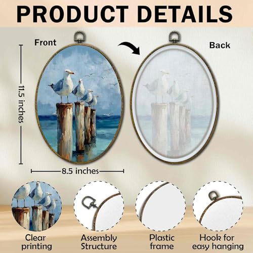 Seagull Coastal Wall Art Decor - Oval Canvas Frame, 11x8.5 Inch - Beach House Art