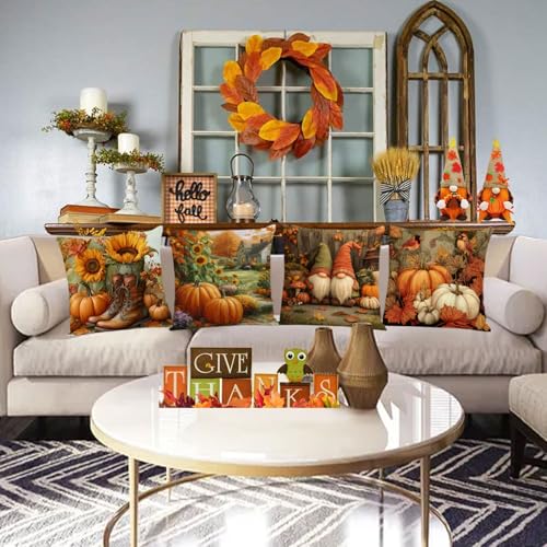 14x14 Fall Pillow Covers Set of 4 Farmhouse Thanksgiving Pumpkins Sunflowers Autumn Leaves Gnome Decor - A-fall 32