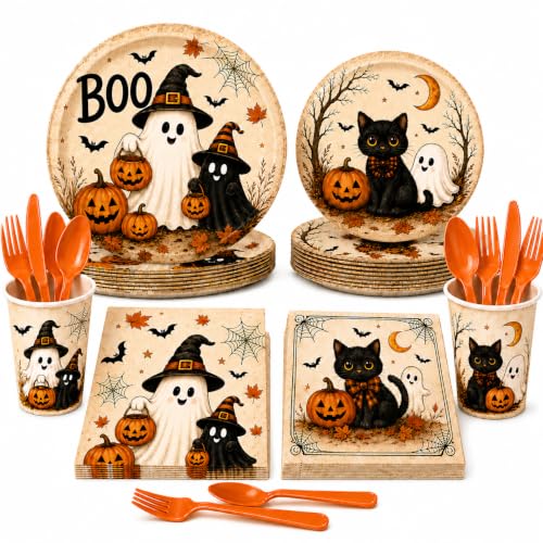 Halloween Party Supplies Set with Plates Cups Napkins Cutlery Ghost Black Cat Design