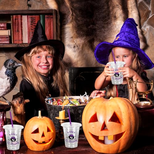 Halloween Baby Shower Plastic Cups with Lids & Straws - A Baby Is Brewing Variation