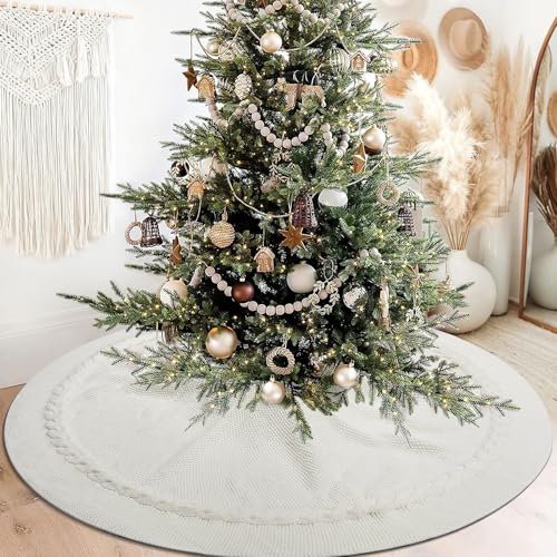 White Boho Cable Knit Christmas Tree Skirt - Small 36 Inch Rustic Farmhouse Decor