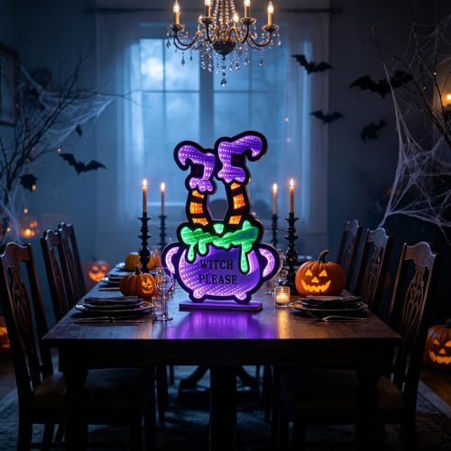 Halloween Witch Legs Infinity Mirror Tunnel Light with Poison Cauldron - Purple
