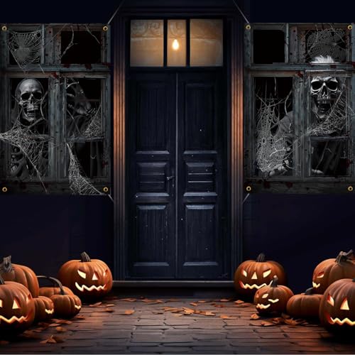 Halloween Window Cover - Skeleton Ghost Poster for Indoor & Outdoor Party - Terror C