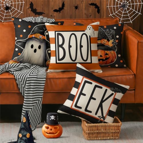 20x20 Inch Halloween Ghost Pumpkin Witch Hat Throw Pillow Covers Set of 4 - Spooky Jack O Lantern Decor