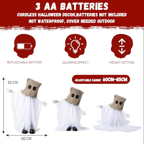 Halloween Animatronic Sack Ghost Decoration - Swinging Arms, Light Up Eyes - White - 35" - Sound Activated, Creepy Haunted House Decor