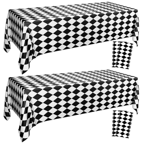 86x51 Inch Black and White Checkered Plastic Tablecloth - Racing & Halloween Theme - 4 Pack