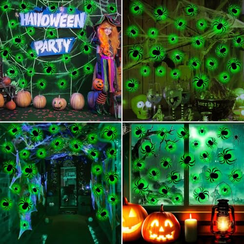 Green LED 3D Spider Halloween Decorations Set - 36pcs with 4 Sizes & Shapes