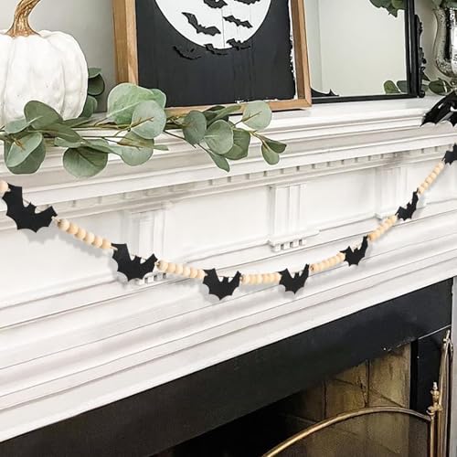 Halloween Felt Bats and Wooden Beads Garland for Indoor Decor