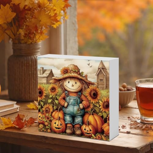 Fall Decor Pumpkin Scarecrow Wooden Box Sign - Autumn Harvest Rustic Home Accent