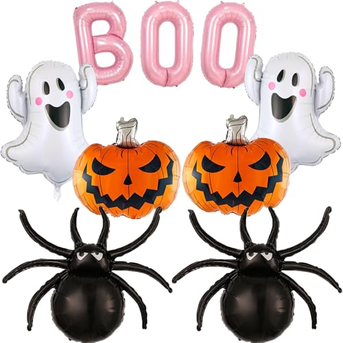 Halloween Foil Balloons Set - Ghost, Spider, Pumpkin & Pink Boo for Party Decorations