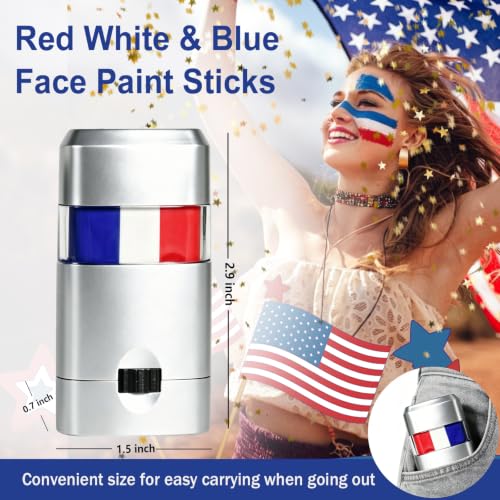 3 Pack Red White Blue Face Body Paint Sticks for 4th of July Sweatproof & Long-Lasting