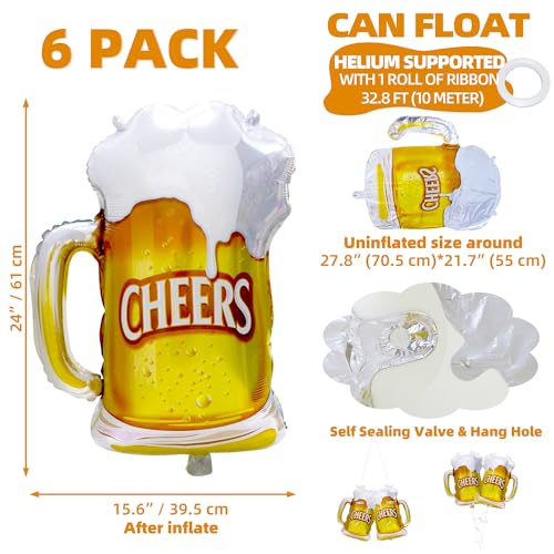 6 Pack Beer Mug Balloons for Party Decorations, Reusable Foil Helium or Air Inflatable