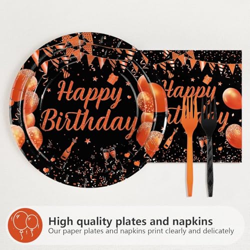 Orange Black Happy Birthday Party Plates & Napkins Set - Serves 24 - Variation: OrangeBlack Plates FF