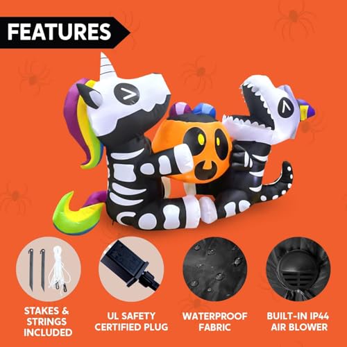 6FT Halloween Inflatable Skeleton Unicorn & Dinosaur Yard Decor with LED Lights