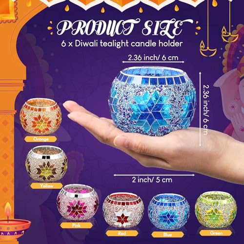 Diwali Candle Holders Set - Floral Mosaic Glass Tea Light Decor, 6 Pieces