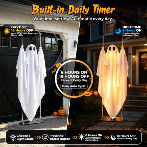 Halloween Hanging Ghost Decorations - 5 FT Swinging Ghosts with Adjustable Arms & 8 Light Modes - White, Outdoor & Indoor, 2 Pack