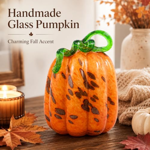 Blown Glass Pumpkin Decor - Classic Orange, Medium Tall, Fall Halloween Table Centerpiece