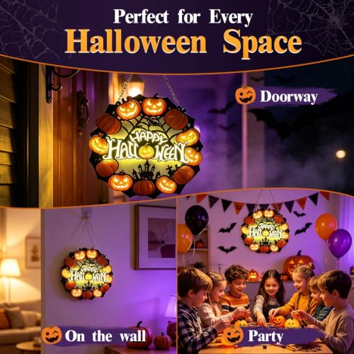 Lighted Halloween Wreath Sign - Pumpkin Acrylic Door Decoration, Black & Orange