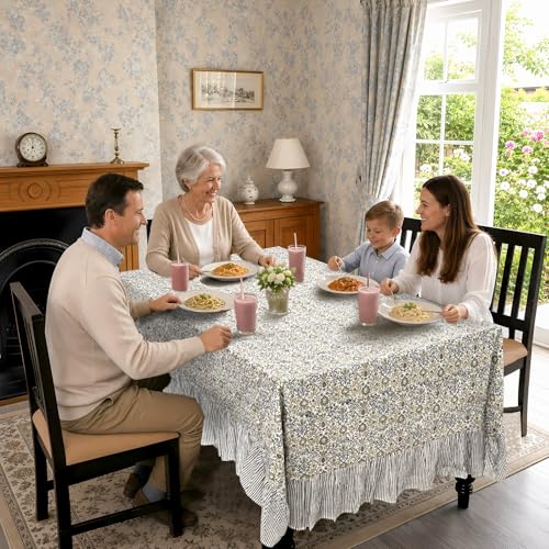 Ridhi Indigo Blue Ruffle Hand Block Print Cotton Tablecloth 70x108 in - Rectangular