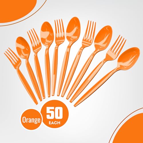 Orange Plastic Spoon and Fork Set - 50 Each, Disposable Party Cutlery