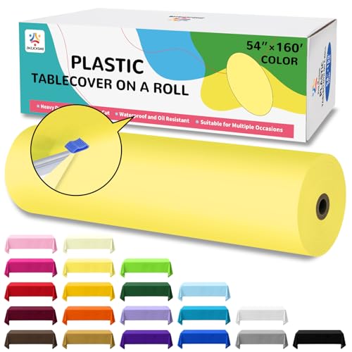 Light Yellow Plastic Table Cover Roll 54x160ft with Cutter Box - Disposable & Waterproof