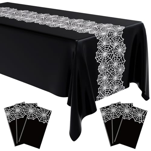 Halloween Spider Web Tablecloths Waterproof Party Decorations - Black, 6 Pack