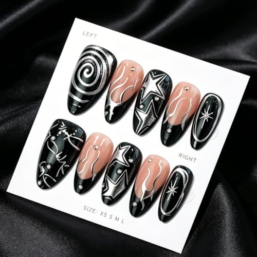 Black Y2K Press On Nails Almond Medium Chrome Gothic Style - Variation 45