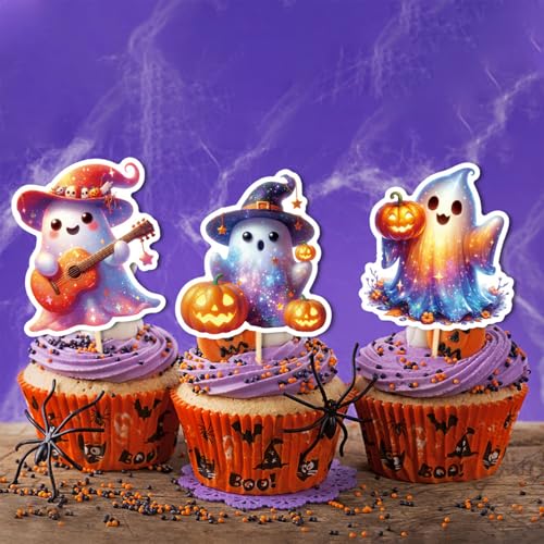 Halloween Cupcake Toppers Set - 24 Cute Ghost and Pumpkin Decorations with Toothpicks