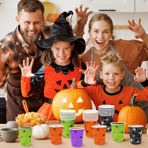 Halloween Disposable Paper Cups 9oz - 4-Color Spider Web - Festive Party Drinkware - Colorful Variation