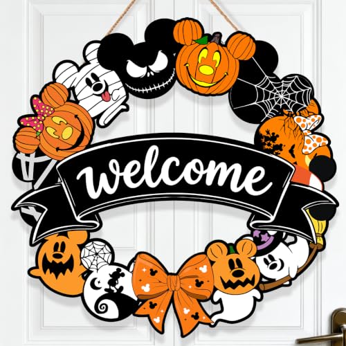 Welcome Mouse Halloween Wreath Door Decoration - Rustic Wooden Hanging Sign