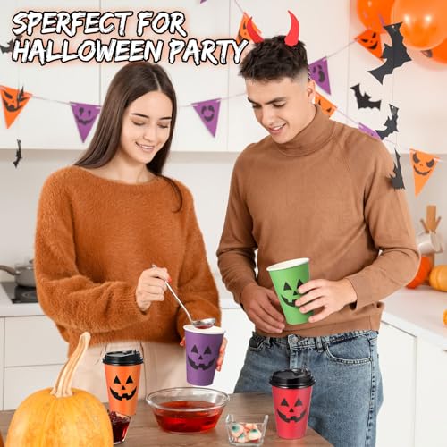 Halloween Paper Cups with Lids 12oz Pumpkin Face Print - 100 Pack